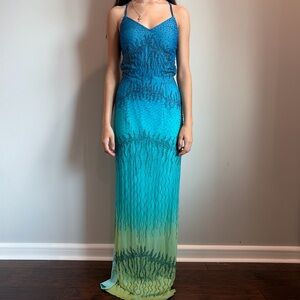 Teal to Lime Ombre Beaded Spaghetti-Strap Maxi Dress